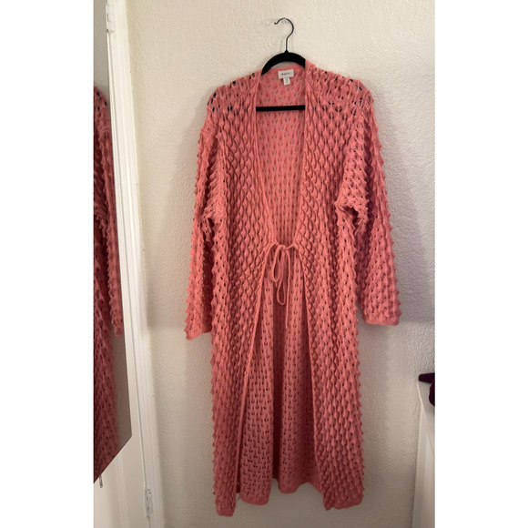 Anthropologie Maeve Pink Popcorn Duster Cardigan Open Knit Crochet OS Oversize - Picture 4 of 8